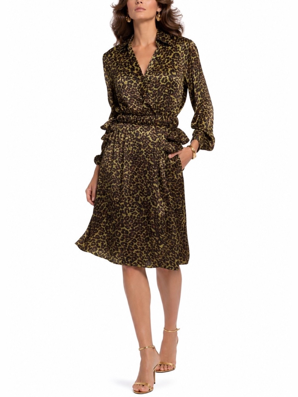 Bob Mackie Boutique Olive Leopard Print Faux Wrap Shirt Dress Vintage Size S